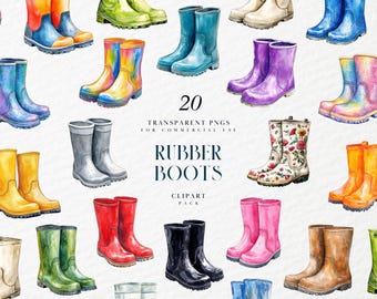 Clipart de botas de goma de acuarela, coloridas botas de agua para la lluvia, calzado de jardín, botas de agua, gráficos PNG transparentes, uso comercial