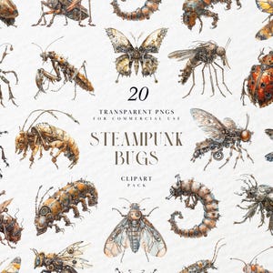 Watercolor Steampunk Bugs Clipart, Mechanical Insects, Fantasy Beetle Decor, Clockwork Ladybug Bee Spider, Transparent PNG, Commercial Use