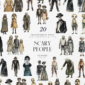 Op de afbeelding: Een digitaal clipartpakket met 20 transparante PNG-afbeeldingen van enge personages. De illustraties bevatten verschillende figuren met skeletachtige kenmerken, gekleed in vintage kleding, en zijn geschikt voor commercieel gebruik. De tekst "Scary People" wordt weergegeven.