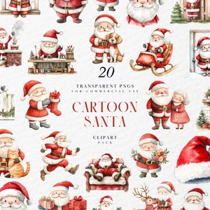 Watercolor Cartoon Santa Clipart,  Festive Holiday Character, Cute Christmas Cards, Winter Decor, Transparent PNG Graphics, Commercial Use