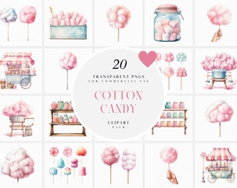 May include: A set of 20 watercolor illustrations of cotton candy, including a cotton candy cart, jars of cotton candy, and individual cotton candy clouds on sticks. The illustrations are perfect for creating digital designs, scrapbooking, and other craft projects.