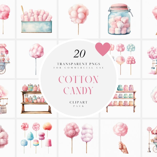 Watercolor Cotton Candy Clipart, Fluffy Cotton Candy Clipart, Pink, Blue, Pastel Cotton Candy Clipart, Scrapbooking, PNG for Commercial Use.