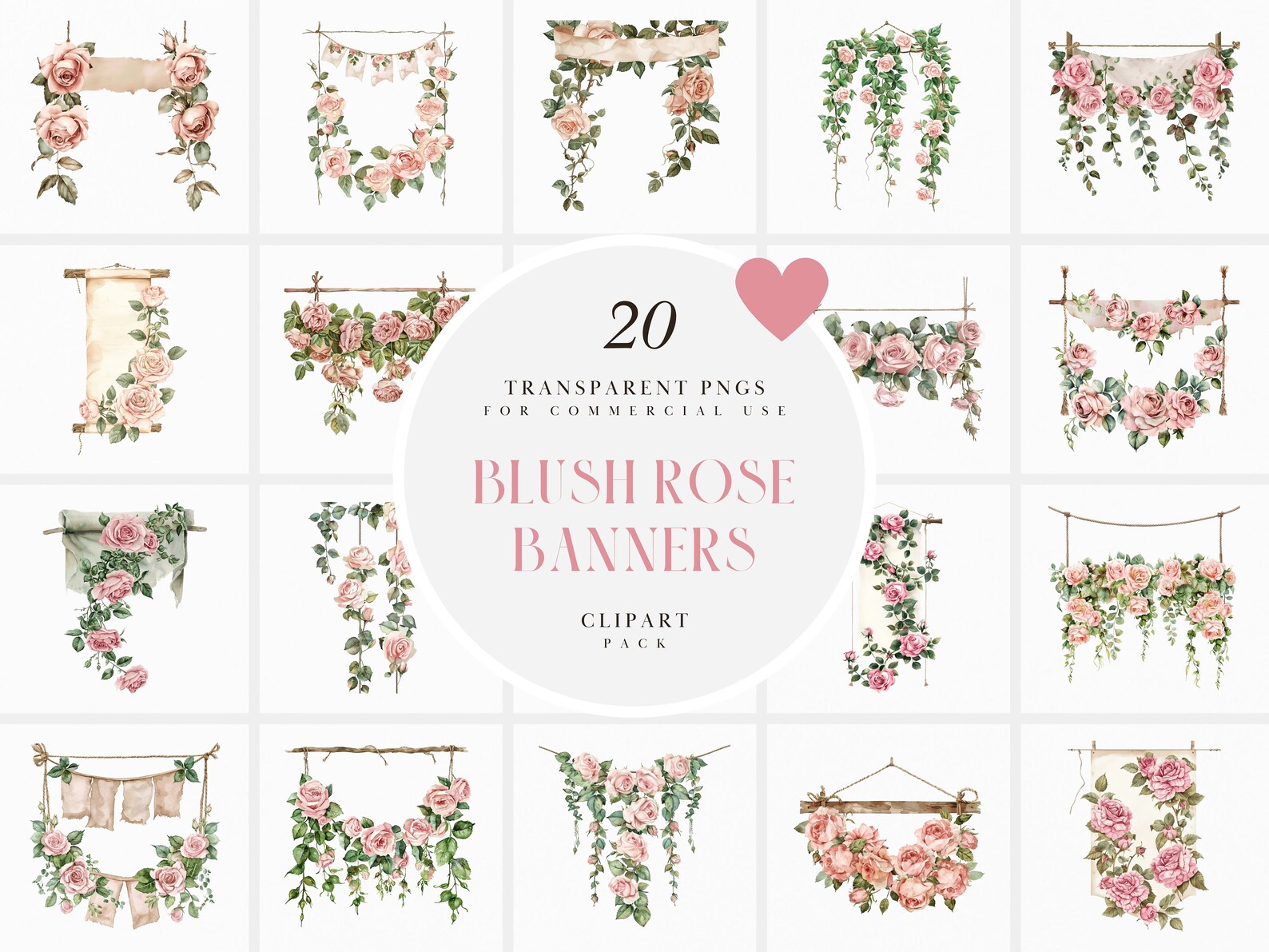 Rose Ranch Banner Watercolor Blush Pink Rose Hanging Banner Clipart, Pastel Pink Rose ...