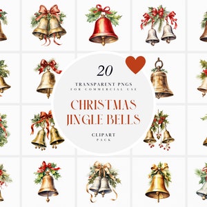 Watercolor Christmas Bells Clipart, Christmas Bell with Red Ribbon Clipart, Xmas Chimes Clipart, Transparent PNG Graphics, Commercial Use