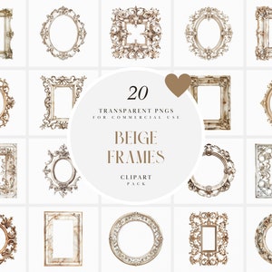 Clipart cadres beige aquarelle, bordure d'angle ornementale Antique, superposition vintage, carré, arrondi, ovale, PNG Transparent, usage Commercial