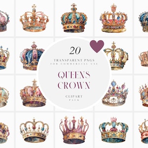 Watercolor Queens Crown Clipart, Royal Crowns Clipart, Jewelled Crown Clipart, Gems, Regal Themed, Transparent PNG Graphics, Commerical Use