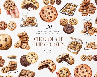 Watercolor Chocolate Chip Cookies Clipart, Chocolate Chip Cookie Clipart, Cookie Jar Dessert Baking Clipart, PNG Format for Commercial Use