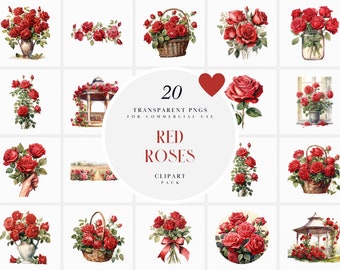 Watercolor Red Rose Clipart, Bridal Red Roses Clipart, Wedding Rose Bouquet Clipart, Instant Download PNG format for Commercial Use