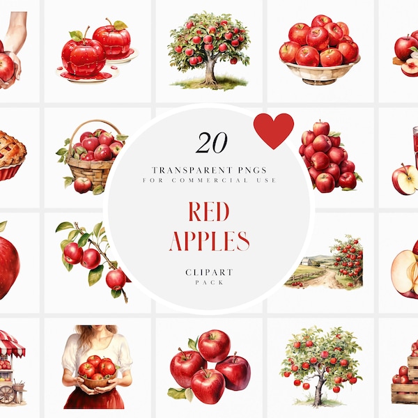 Aquarell rote Äpfel Clipart, köstliche rote Äpfel Clipart, botanische süße Apfelernte Clipart, Apfelbauernhof, PNG-Format für kommerzielle Nutzung