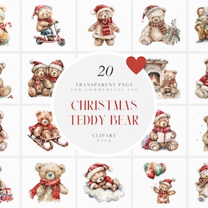 Clipart di orsacchiotti di Natale vintage ad acquerello, Clipart di orsacchiotto di Natale rosso, Orsacchiotto carino, Grafica PNG trasparente, Uso commerciale