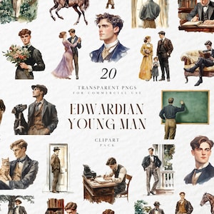 Aquarell Edwardian Junger Mann Clipart, Vintage 1900er Gentleman Porträt, Antike Historische Retro-Mode, Transparente PNG, kommerzielle Nutzung