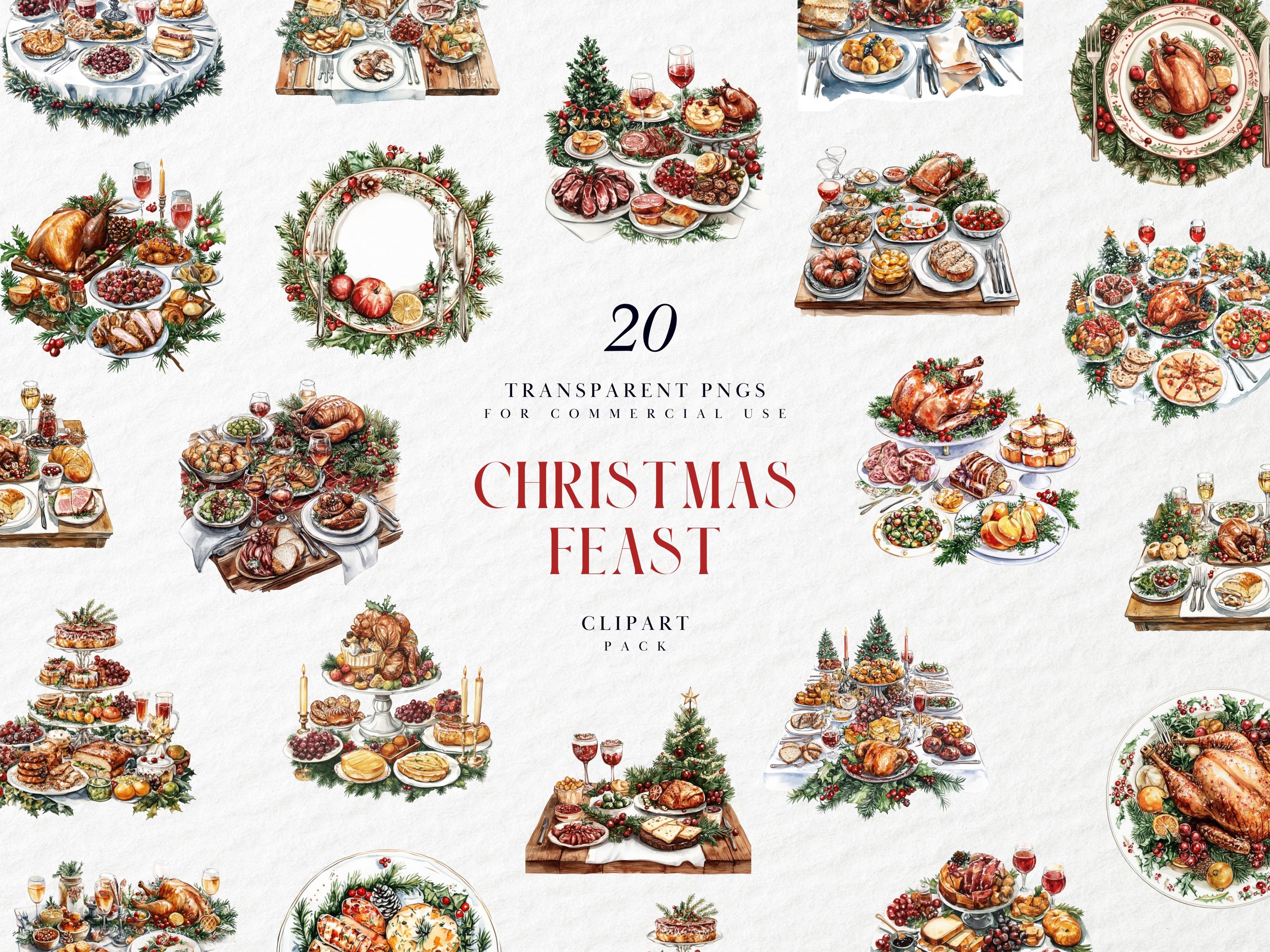 Clipart de festa de Natal em aquarela, clipart de jantar de Natal, clipart de prato de jantar de Natal, clipart de férias, PNG transparente, uso comercial