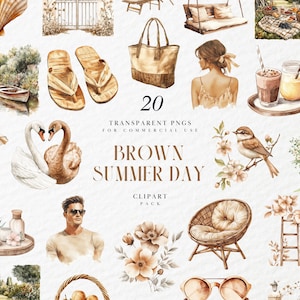 Clipart de un acogedor día de verano en acuarela, con temática marrón neutra, Hola verano, floral, pegatina digital, gráficos PNG transparentes, uso comercial