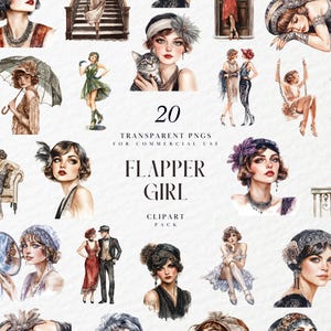 Watercolor Flapper Girl Clipart, Roaring Twenties, 1920s Party, Retro, Vintage Glam Art Deco Women, Transparent PNG Graphic, Commercial Use