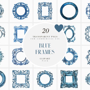 Clipart cadres bleus aquarelle, bordure d'angle ornementale Antique, superposition vintage, carré, arrondi, ovale, PNG Transparent, usage Commercial