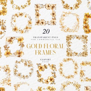 Marco de fotos floral dorado con acuarela, imágenes prediseñadas, esquina de página, pancarta, borde de página, elementos decorativos, gráfico PNG transparente, uso comercial