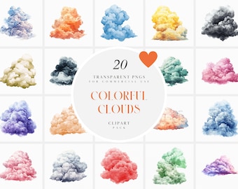 Watercolor Pastel Clouds Clipart, Colorful Fluffy Clouds Clipart, Nursery Decor Baby Shower, First Birthday, Transparent PNG, Commercial Use