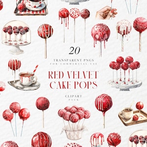 Clipart di cake pops di velluto rosso ad acquerello, dolci romantici, dolci da forno al cioccolato gourmet, grafica PNG trasparente, uso commerciale