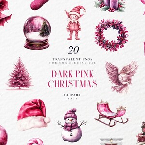 May include: A set of 20 dark pink Christmas clipart images, including a Christmas tree, a snowman, a train, a wreath, a nutcracker, a snow globe, a candy cane, a bell, a gift box, a stocking, a sleigh, an angel, a star, a candle, a holly sprig, a gnome, a snowflake, a Santa Claus, and a bell.  The images are in a watercolor style and are perfect for creating festive crafts, cards, and decorations.