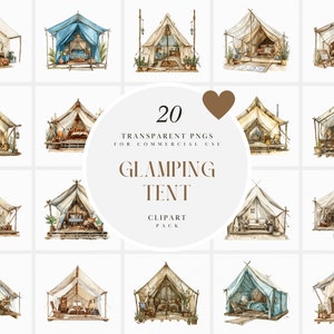 Aquarel glamping tent clipart, glamping tenten clipart, buiten afgelegen camping, natuur clipart, transparante png-afbeeldingen, commercieel gebruik