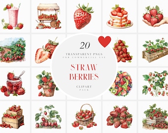 Clipart di fragole ad acquerello, Clipart di fragole ad acquerello, Fragolina Dolcecuore, Clipart di fattoria di fragole, formato PNG per uso commerciale