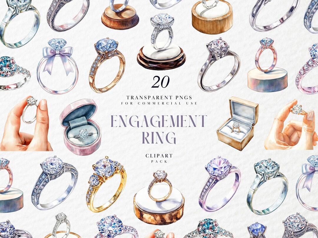 Watercolor Engagement Ring Clipart, Diamond Solitaire Band, Wedding ...
