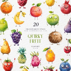 Clipart de frutas extravagantes en acuarela, personajes divertidos y extravagantes de frutas, linda ilustración para niños, PNG transparente para uso comercial
