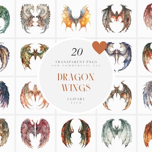 May include: A set of 20 watercolour dragon wing illustrations. The wings are in various colours, including green, blue, red, orange, and yellow. The wings are all transparent PNGs for commercial use. The text "20 Transparent PNGs for Commercial Use Dragon Wings Clipart Pack" is in the centre of the image.