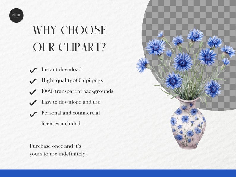 May include: A watercolour illustration of blue cornflowers in a decorative vase. The vase is white with blue floral patterns. The image includes text that reads "WHY CHOOSE OUR CLIPART?" and lists features like instant download and transparent backgrounds.