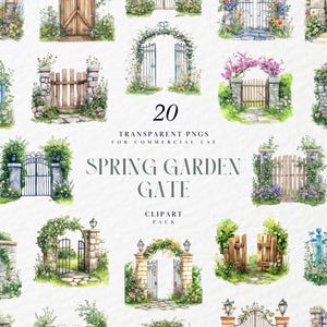 Clipart del cancello del giardino estivo ad acquerello, in legno, picchetto, metallo, fiori di recinzione floreali, elementi del giardino, grafica PNG trasparente, uso commerciale