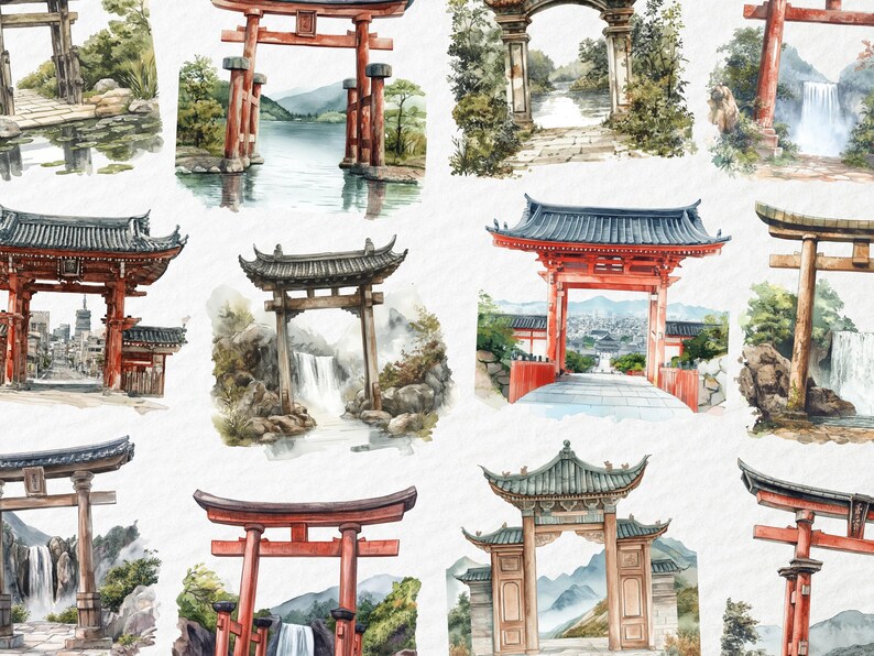 Japanese Gate Structures Watercolor Torii Gate Clipart, Japanese Shinto Shrine, Mount Fuji Scene ...