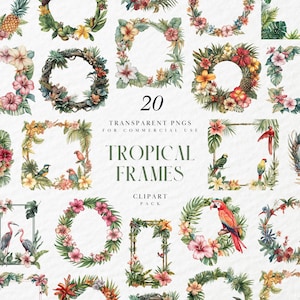 May include: A collection of 20 watercolor tropical frames with floral and foliage designs. The frames include hibiscus, palm leaves, and other tropical elements. The text "TROPICAL FRAMES" and "CLIPART PACK" are visible.