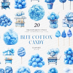 Aquarel blauwe suikerspin clipart, pluizig carnaval traktatie, babyshower feest zoet, eerlijke dessertgraphics, transparante png, commercieel gebruik