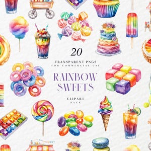 Aquarel regenboog snoep clipart, kleurrijke desserttraktaties, Candyland cupcakes lolly, snoepwinkel, transparante png-afbeelding, commercieel gebruik