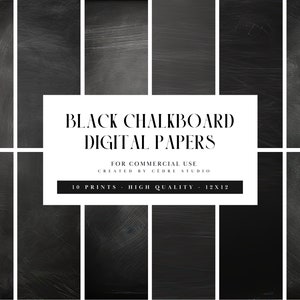 Può includere: Dieci carte digitali per lavagna nera con una sovrapposizione di testo bianco che recita "BLACK CHALKBOARD DIGITAL PAPERS", "FOR COMMERCIAL USE", "CREATED BY CEDRE STUDIO", "10 PRINTS", "HIGH QUALITY" e "12X12".