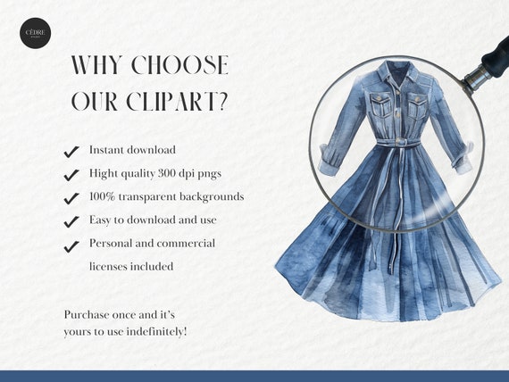 Watercolor Denim Dress Clipart, Blue Jean Dress Clipart, Casual Girls Womes Fashion Clipart, Farm, Transparent PNG Graphics, Commercial Use
