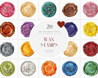 Watercolor Colorful Wax Stamps Clipart, Wax Seal, Vintage Vintage Letter Sealing Stamp Clipart, Transparent PNG Graphics, Commercial Use