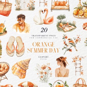 Clipart de un acogedor día de verano en acuarela, naranja neutro, Hola verano, floral, pegatina digital, gráficos PNG transparentes, uso comercial