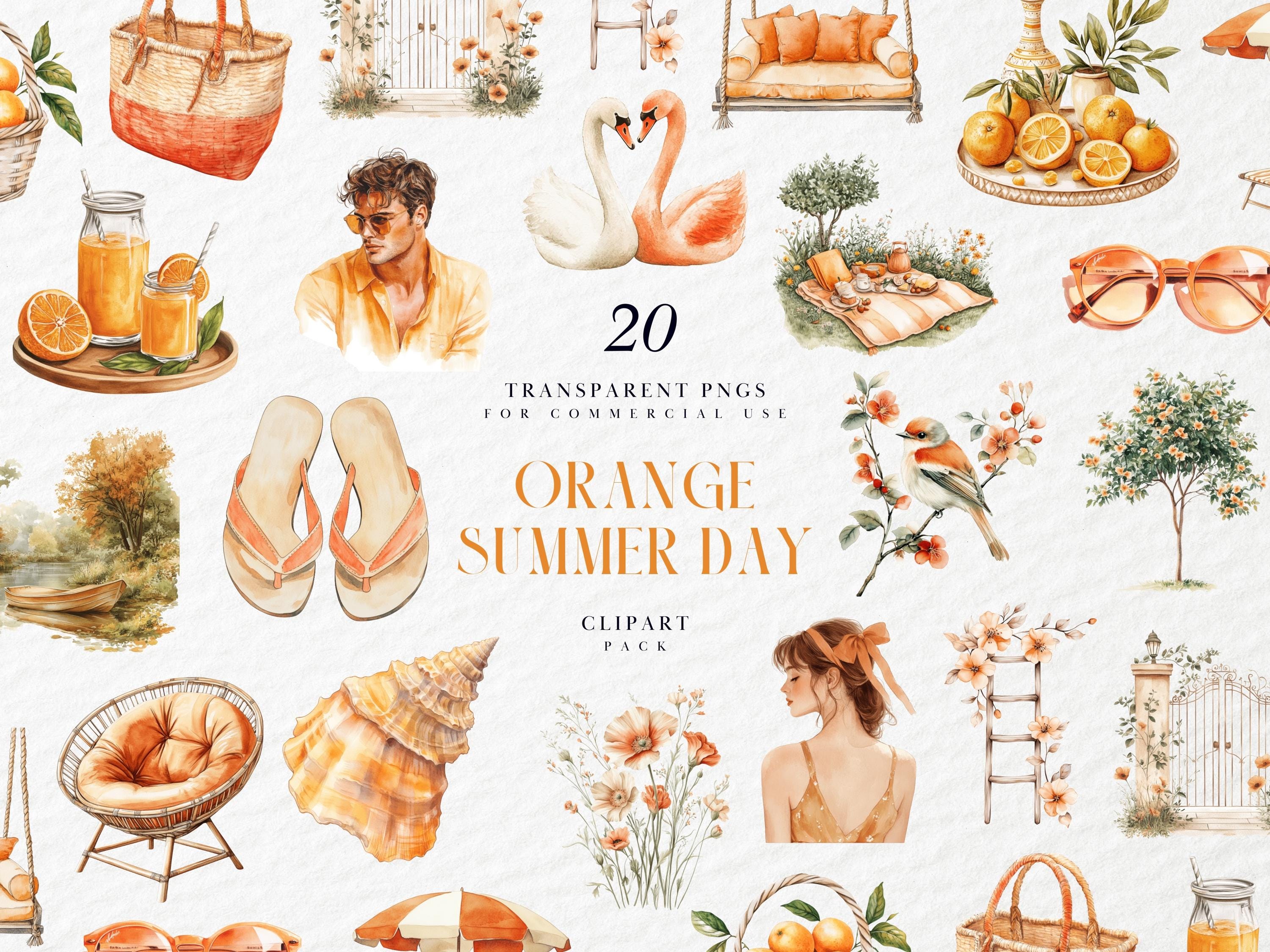 Watercolor Cozy Summer Day Clipart, Orange Themed Neutral Hello