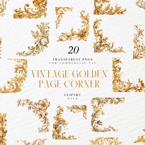 Aquarell Vintage Gold Seite Ecke Clipart, verzierte Folienrand Grafik, viktorianischer dekorativer Rand, Rahmen, transparente PNG, kommerzielle Nutzung