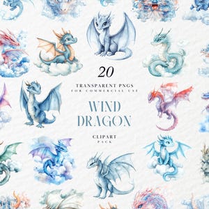 May include: A collection of 20 watercolor illustrations of dragons in various poses and colors, including blue, purple, red, and green. The text "Wind Dragon Clipart Pack" is displayed.