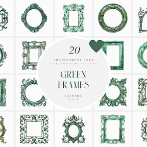 May include: A set of 20 green ornate frames in various shapes and sizes. The frames are perfect for adding a touch of vintage elegance to your designs.