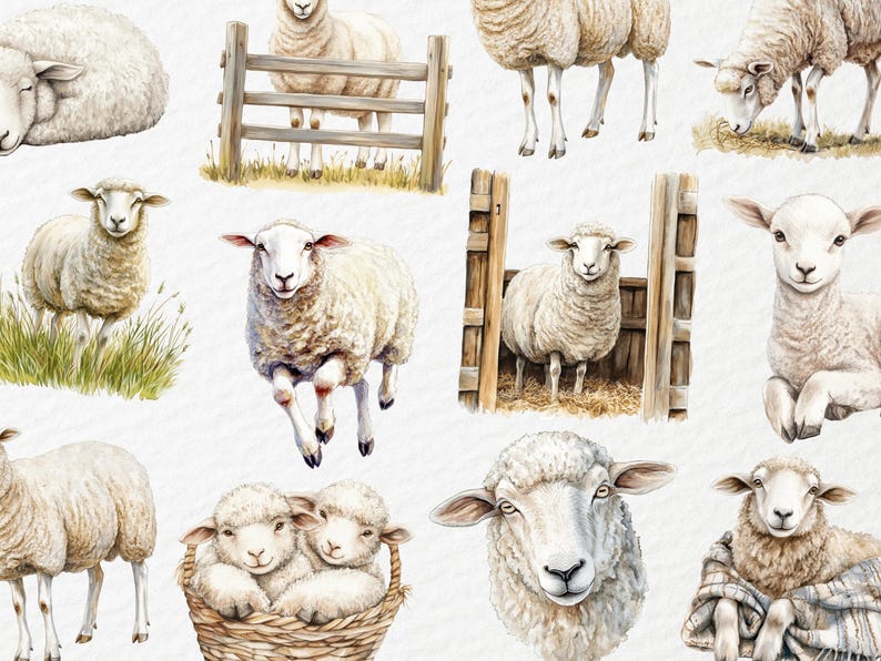 May include: Watercolor illustrations of sheep in various poses. Some sheep are standing, others are running, and some are in a basket. The sheep are white with fluffy wool, and some are near a wooden fence.