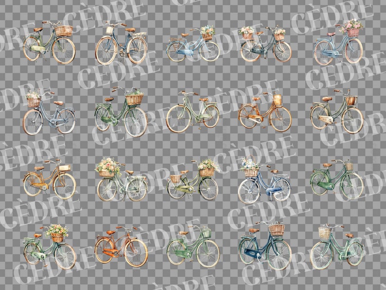 Pode incluir: Uma colagem digital de 20 ilustra&ccedil;&otilde;es de aquarela de bicicletas com cestas cheias de flores. As bicicletas s&atilde;o de v&aacute;rias cores, incluindo azul, verde, marrom e branco. As flores s&atilde;o em tons de rosa, amarelo e branco.