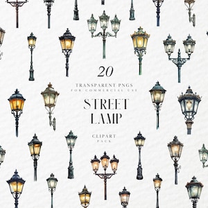 May include: Watercolor clipart pack featuring 20 vintage street lamps in various designs. The lamps are in shades of black, brown, and gold, with illuminated lanterns. Text on the image reads "20 Transparent PNGs for Commercial Use Street Lamp Clipart Pack."