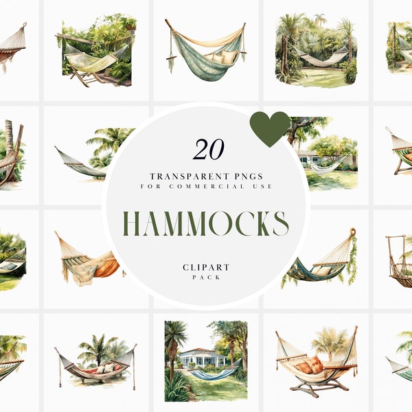 Watercolor Cozy Hammock Clipart, Tropical Garden Hammocks Clipart, Backyard Swinging Hammock Clipart, Transparent PNG Graphic Commercial Use