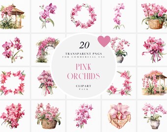 Watercolor Pink Orchid Clipart, Orchid Flowers Clipart, Pink Floral Bouquet Clipart, orchid Flower, Transparent PNG Graphics, Commercial Use