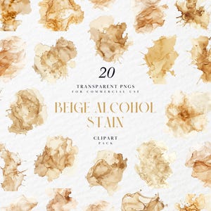 May include: A set of 20 transparent PNGs showcasing beige alcohol stain clipart. The designs display various shapes and intensities, with brown and tan hues. The image includes text: "20 TRANSPARENT PNGS FOR COMMERCIAL USE BEIGE ALCOHOL STAIN CLIPART PACK."
