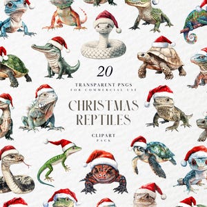 Peut inclure: Un ensemble de 20 illustrations aquarelle de reptiles de Noël portant des chapeaux de Père Noël. Les illustrations comprennent une variété de reptiles, tels que des serpents, des lézards, des tortues et des alligators. Les illustrations sont parfaites pour ajouter une touche festive à vos projets de vacances.