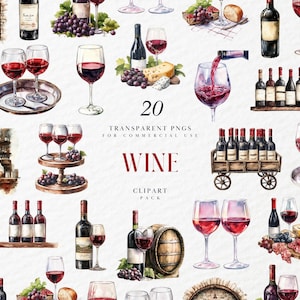 Watercolor Wine Clipart, Dark Wine Clipart, Purple Grapes Clipart, Red Wine Clipart, Transparent PNG Graphics, Commerical Use